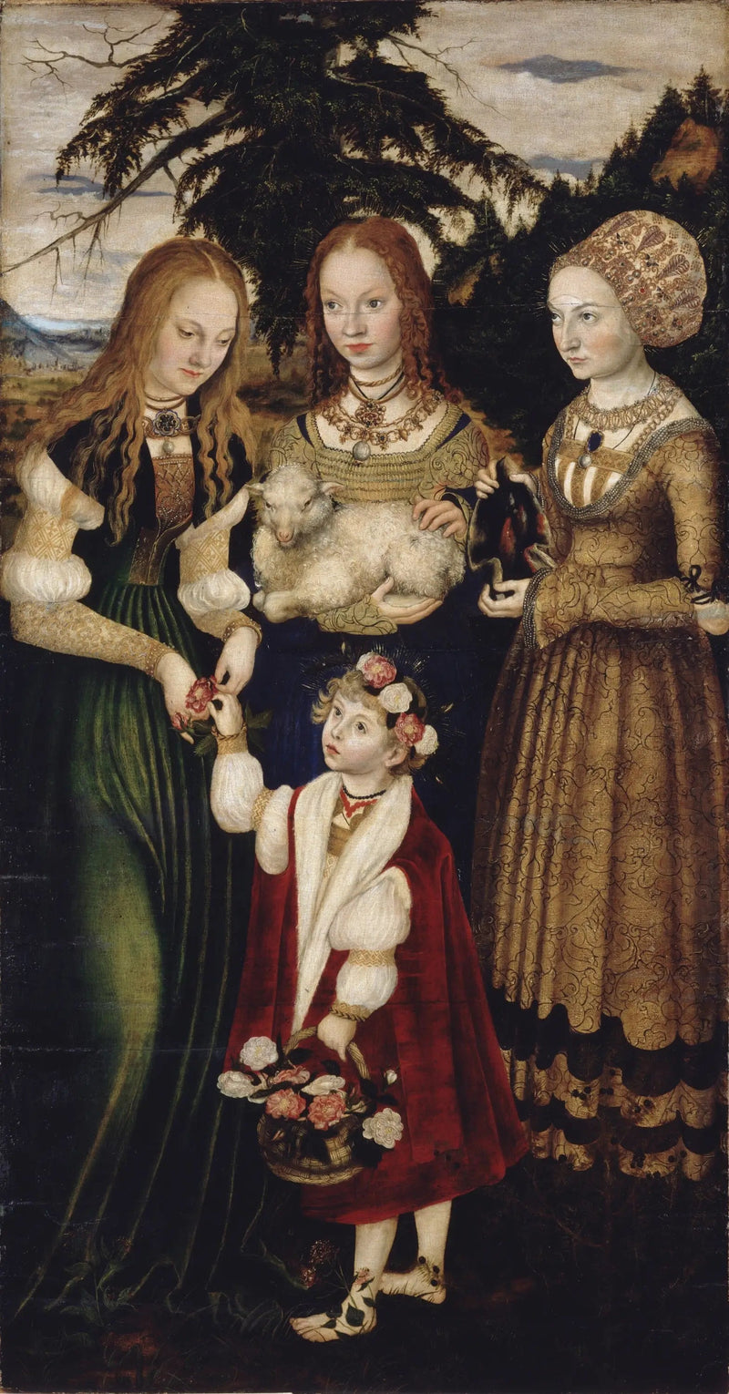 Retablo del Martirio de Santa Catalina: Santa Dorotea, Santa Águeda, Santa Cunegunda [ala izquierda, anverso] - Lucas Cranach el Viejo