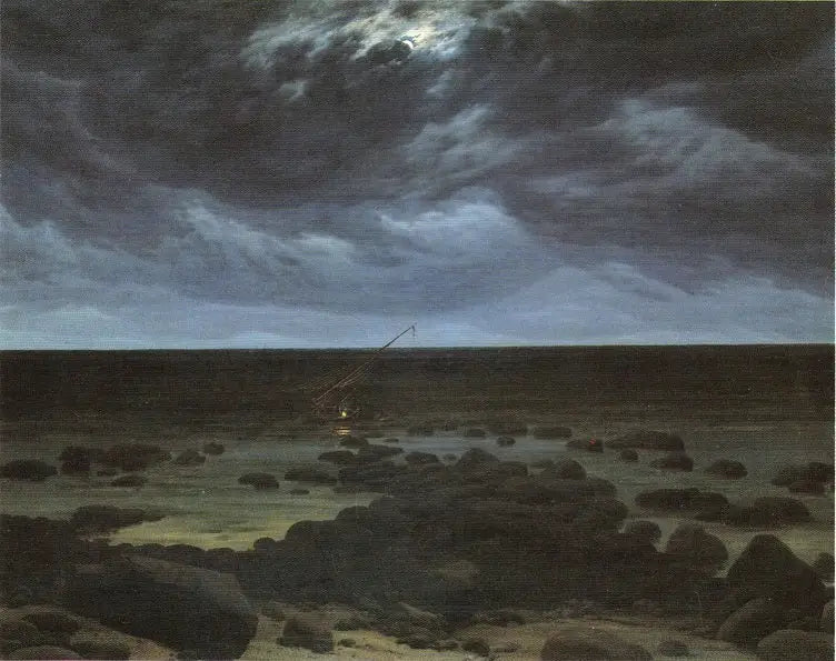 Riva con barca arenata al chiaro di luna - Caspar David Friedrich