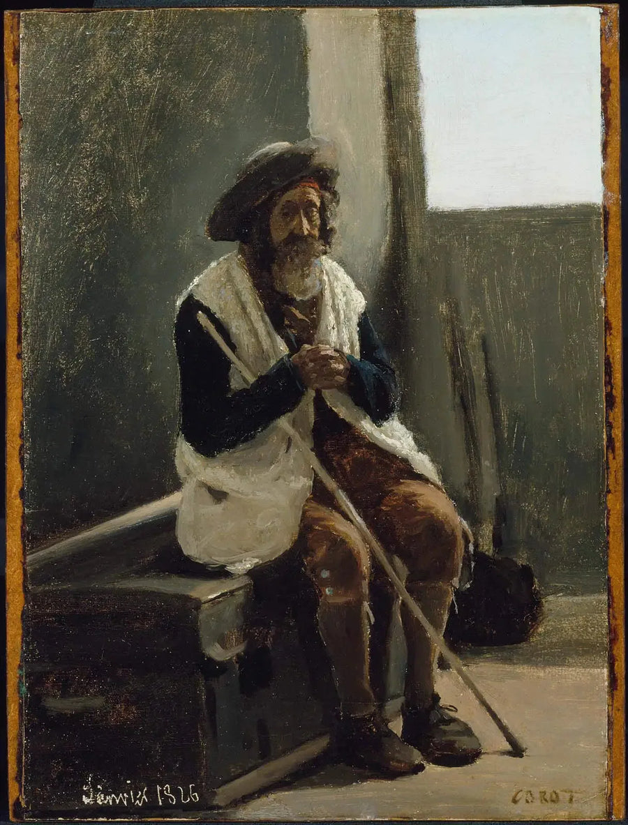 Rome, vecchio seduto su una valigia appartenente a Corot - Jean-Baptiste Camille Corot