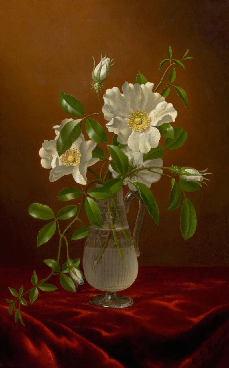 Rose Cherokee in un vaso di vetro - Martin Johnson Heade