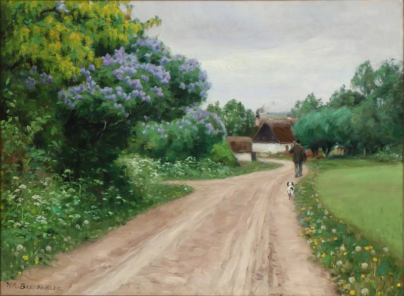 Strada di campagna con lillà in fiore e piogge dorate - H. A. Brendekilde
