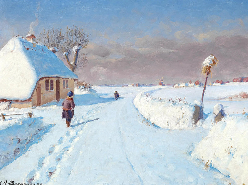 Strada soleggiata ai margini di un villaggio, inverno (32 x 42 cm). - H. A. Brendekilde