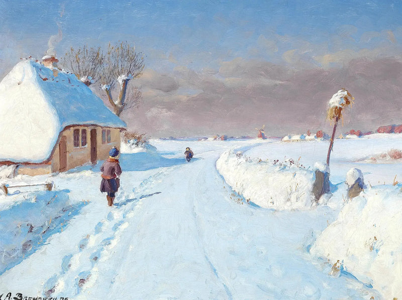 Strada soleggiata ai margini di un villaggio, inverno (32 x 42 cm). - H. A. Brendekilde