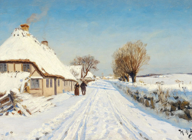 Strada soleggiata ai margini di un villaggio, inverno. - H. A. Brendekilde