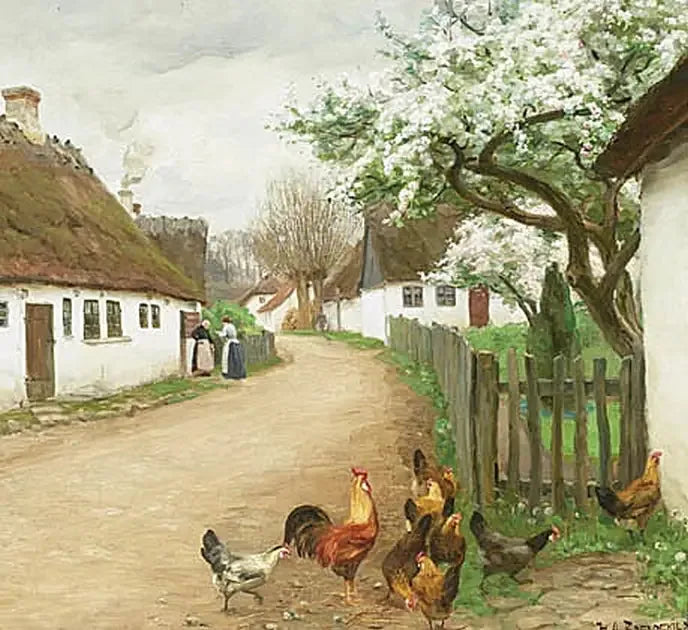 Rue du village avec des poules et deux femmes qui discutent. - H. A. Brendekilde image 1 copie peinte à la main à l’huile
