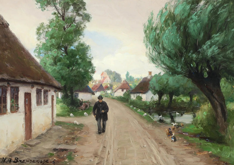 Via del villaggio con uomo e anatre ai bordi dello stagno. - H. A. Brendekilde