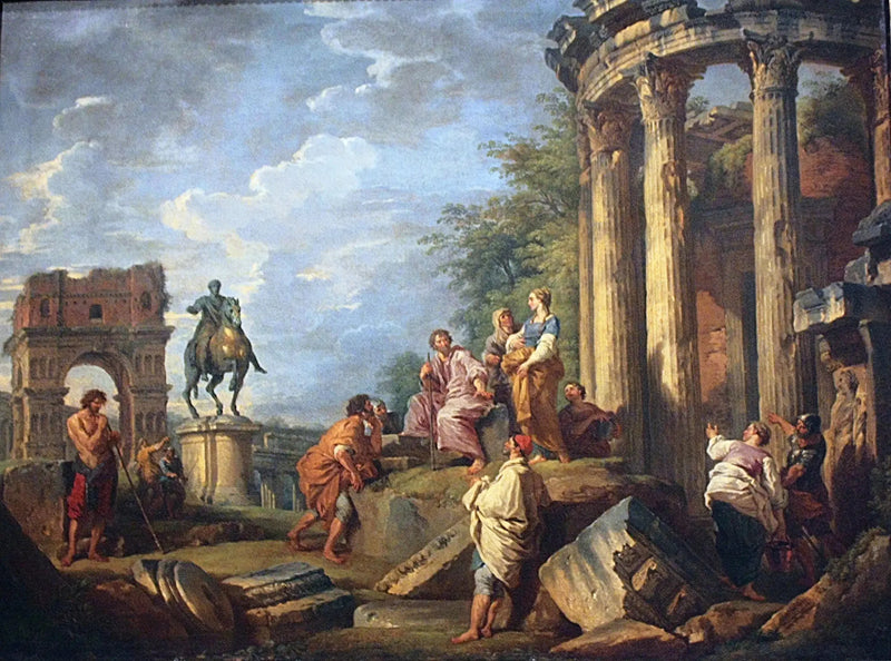 Rovine di architettura con l'arco di Janus, il tempio di Vesta e la statua equestre di Marco Aurelio - Giovanni Paolo Panini