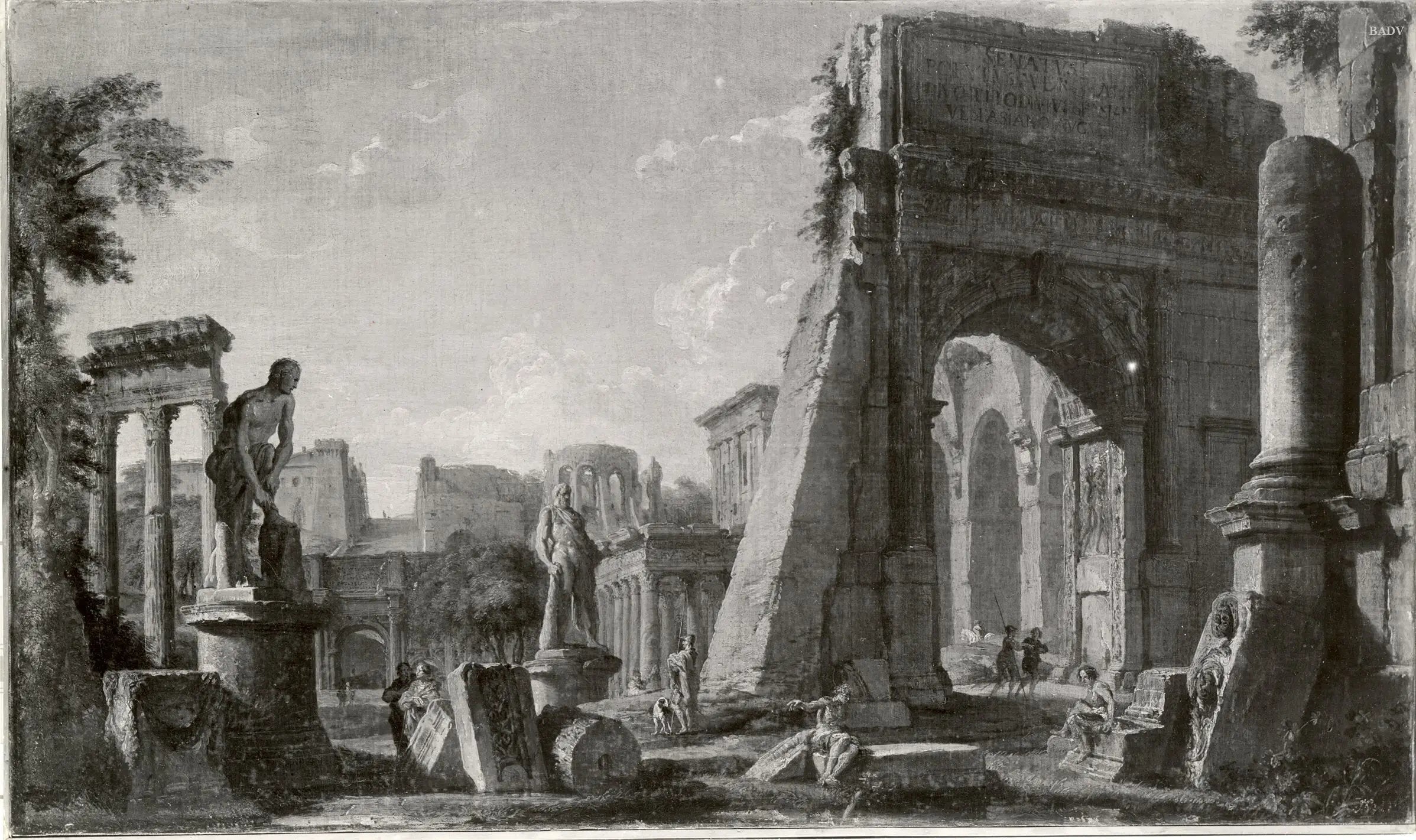 Ruines romaines dans un paysage avec des statues monumentales et des personnages posant - Giovanni Paolo Panini - Alpha