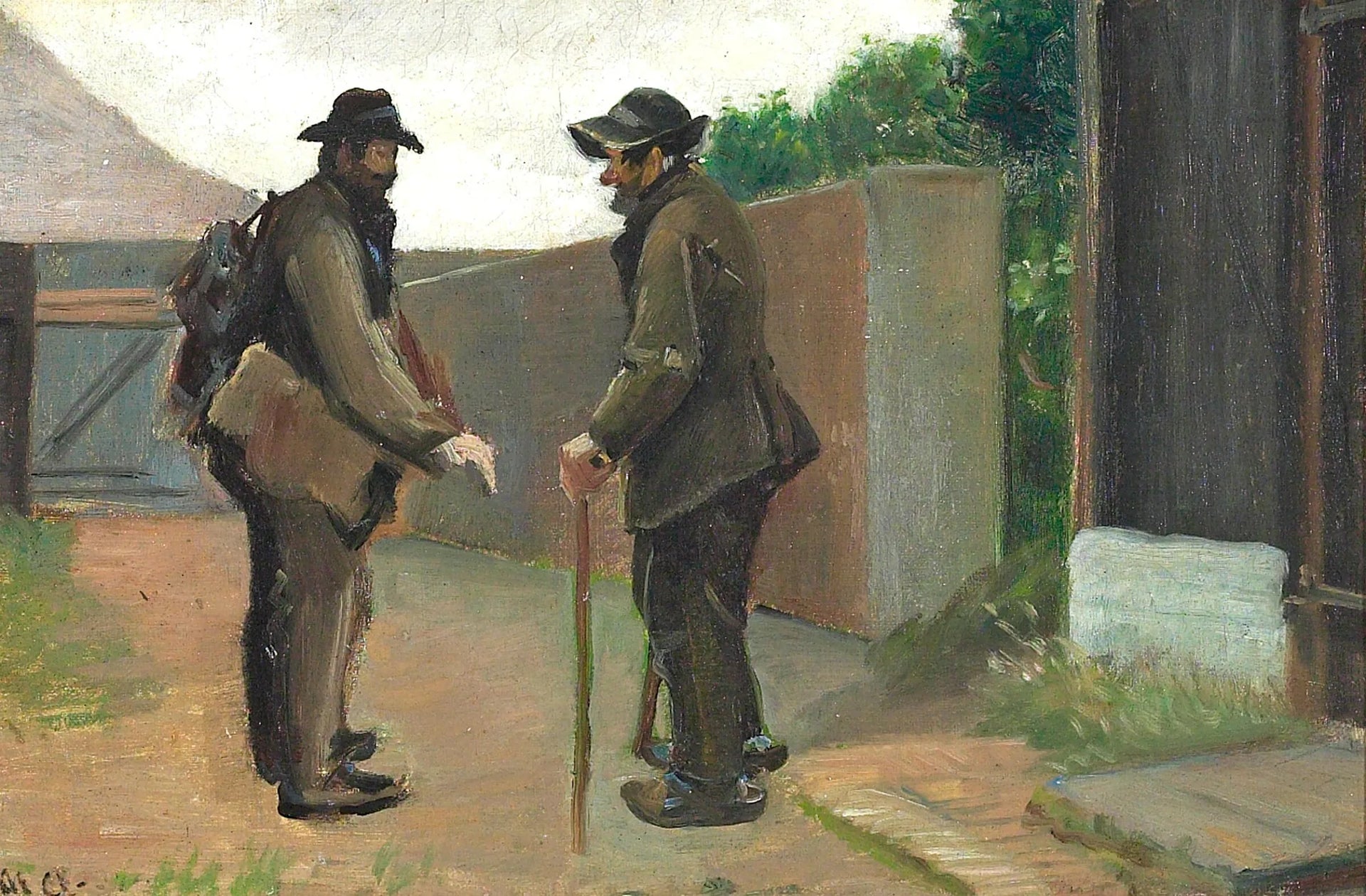 Søren Bondhagen discute avec un vieil homme de Skagen. - Michael Peter Ancher image 1 reproduction de peinture à l’huile