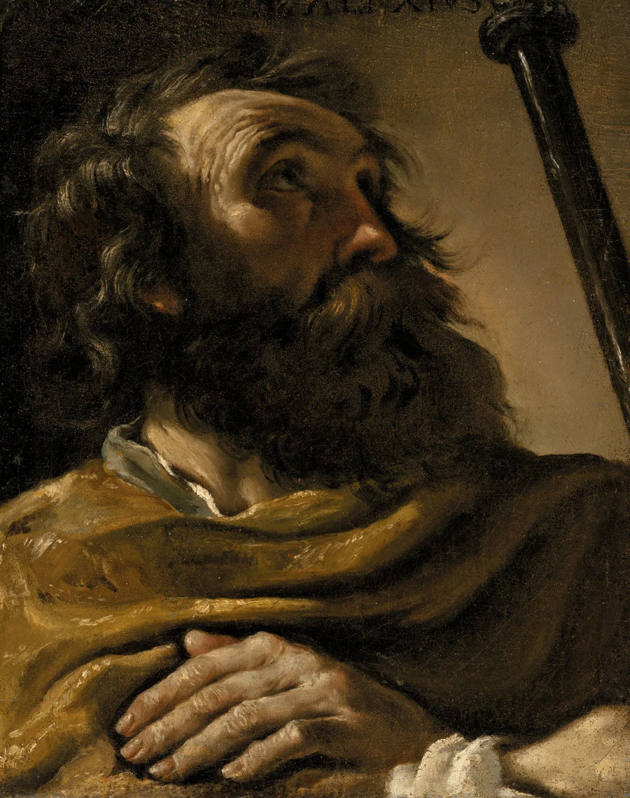 Sant' Alessandro in un cappotto marrone, che tiene un bastone - Guercino