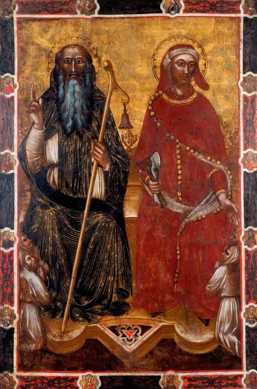 Sant'Antonio l'Abbate e Sant'Elio con due coppie di fedeli inginocchiati (da un lato di una bandiera processionale) (un tempo attribuito a Barnaba da Modena) - Spinello Aretino