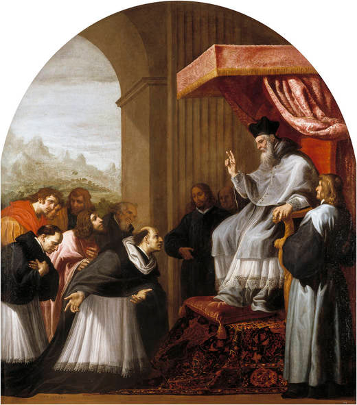 Saint Bruno et ses six compagnons rendent visite à saint Hugo - Vincenzo Carducci image 1 reproduction de peinture à l’huile
