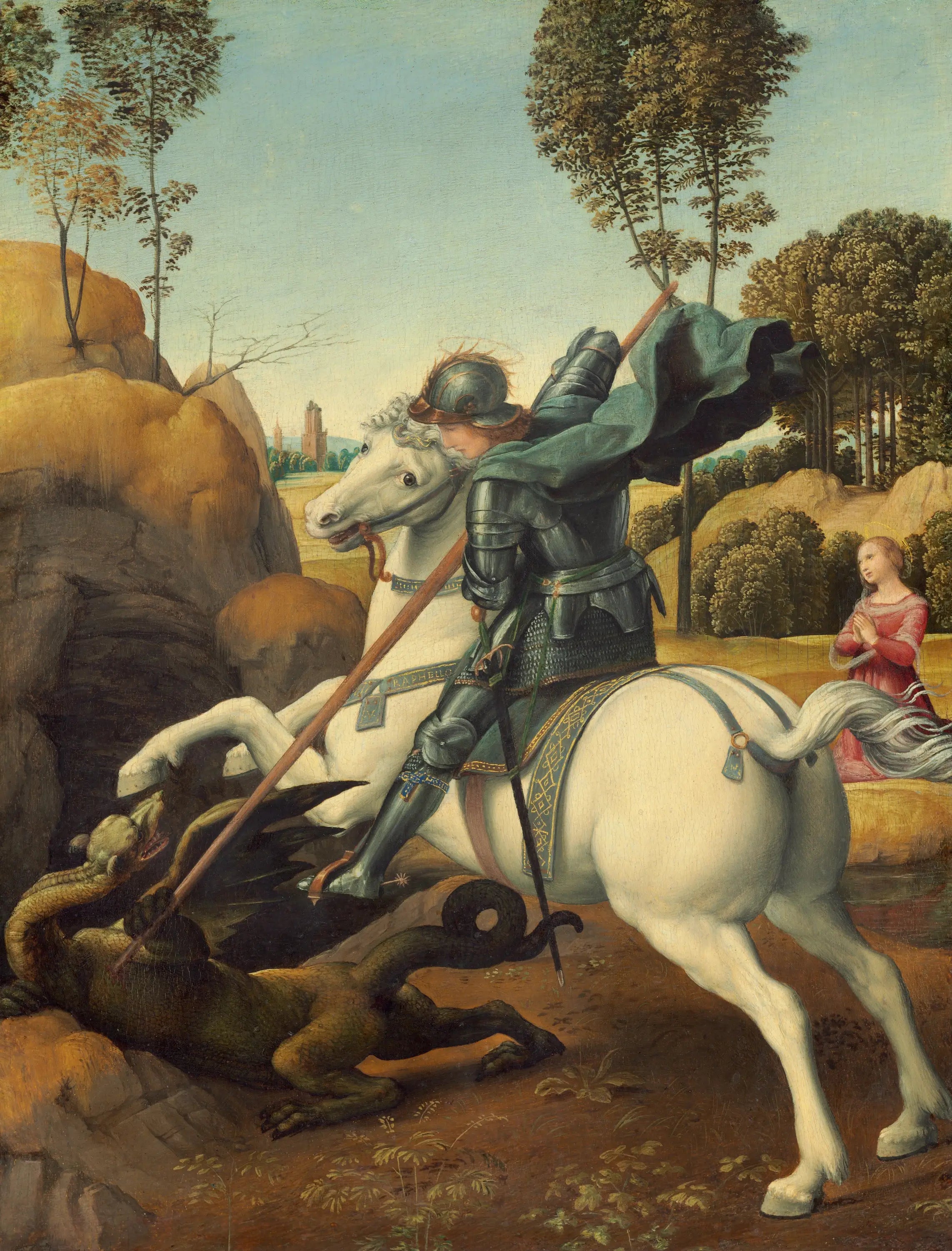 Reproduction du tableau « Saint Georges et le Dragon - Raphaël Sanzio » par Alpha Reproduction en peinture à l’huile