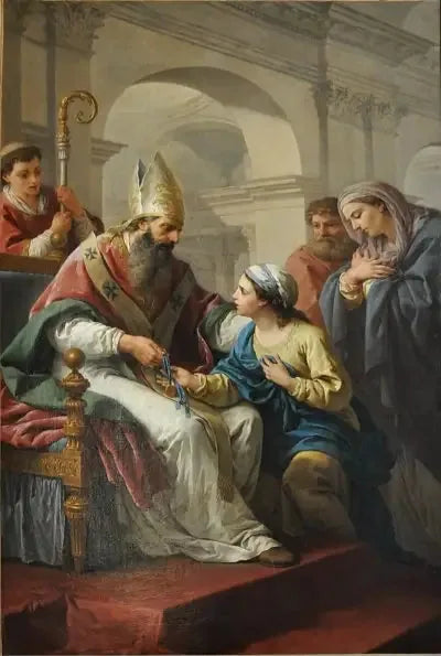 Saint Germain l'Auxerrois remettant une médaille à sainte Geneviève - Louis Jean François Lagrenée image 1 copie de tableau peinte à la main