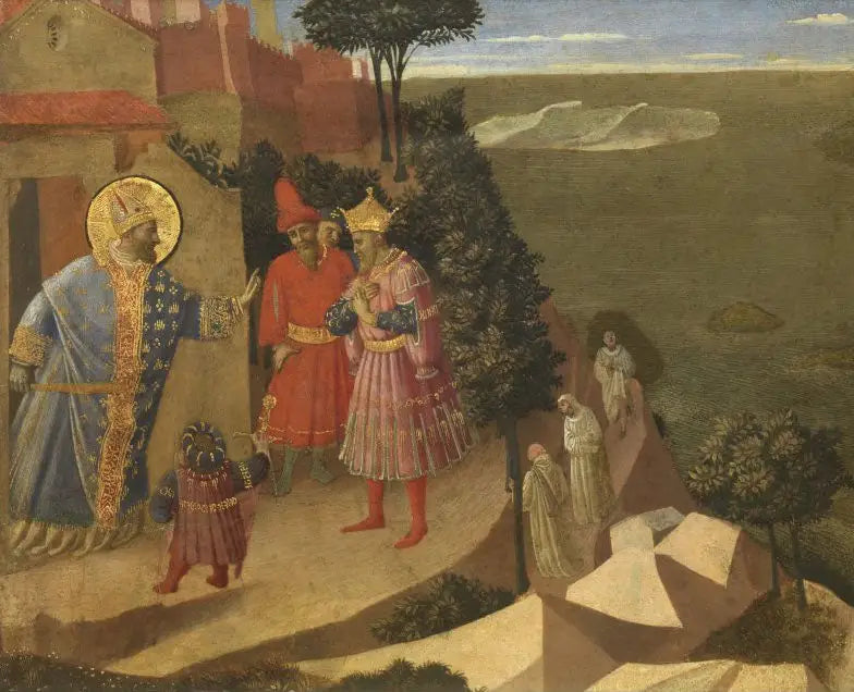 San Romualdo vieta l'ingresso del convento all'imperatore Ottone III, estratto da una tavola ritagliata che rappresenta scene della Tebaide - Fra Angelico