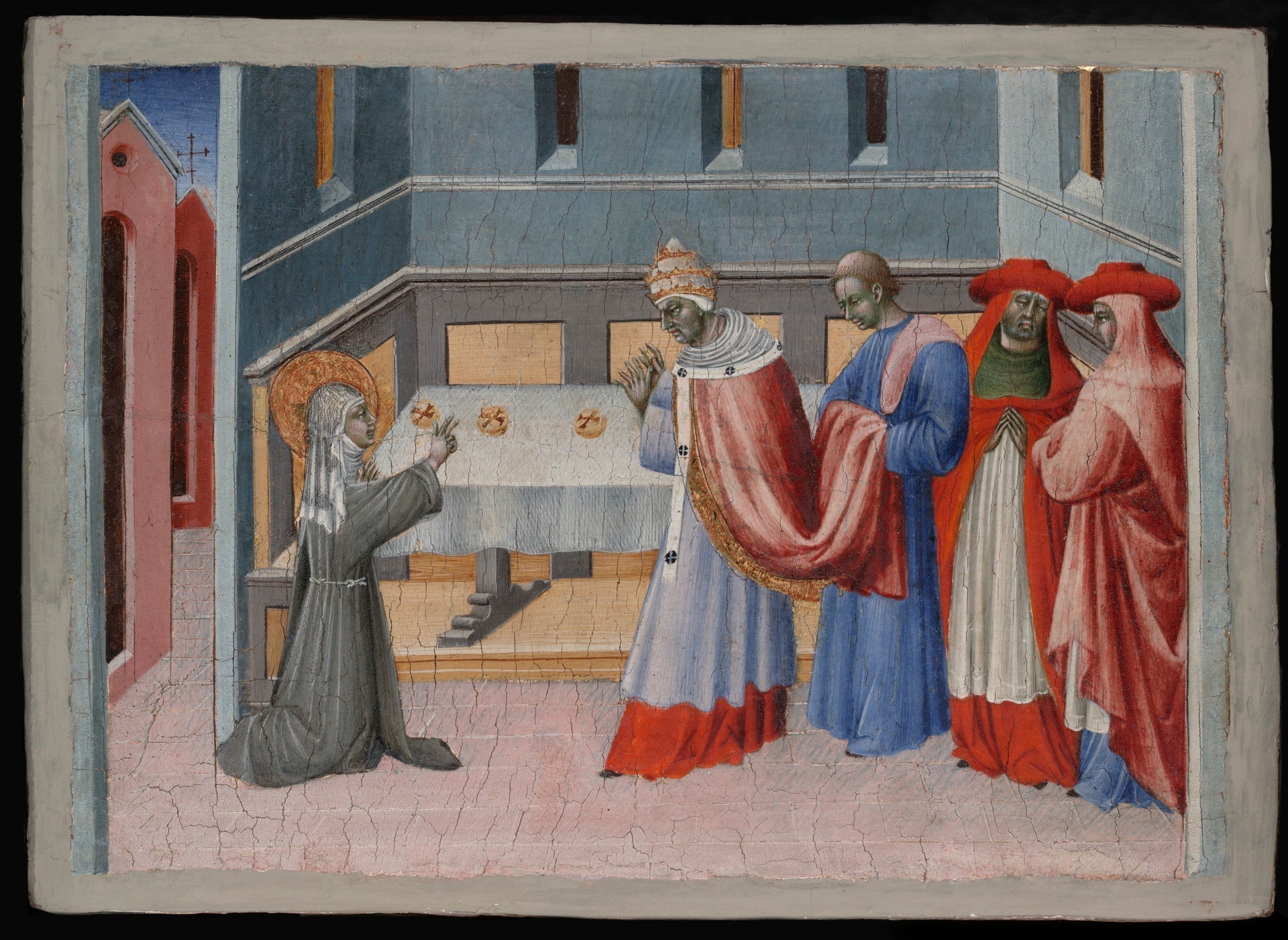 Sainte Claire d'Assise bénissant le pain devant le pape Innocent IV - Giovanni di Paolo image 1 reproduction de peinture à l’huile