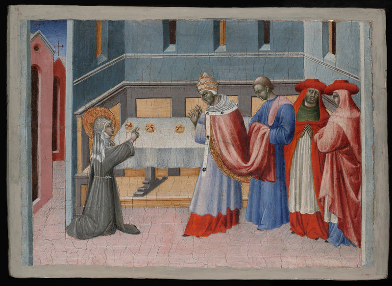 Santa Chiara d'Assisi benedice il pane davanti al papa Innocenzo IV - Giovanni di Paolo