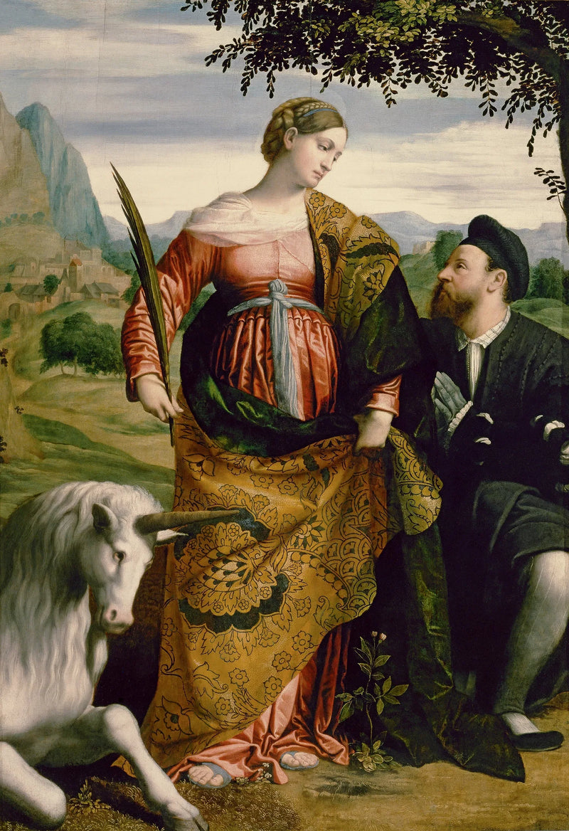 Sainte Justine à la licorne, vénérée par un patron - Alessandro Bonvicino