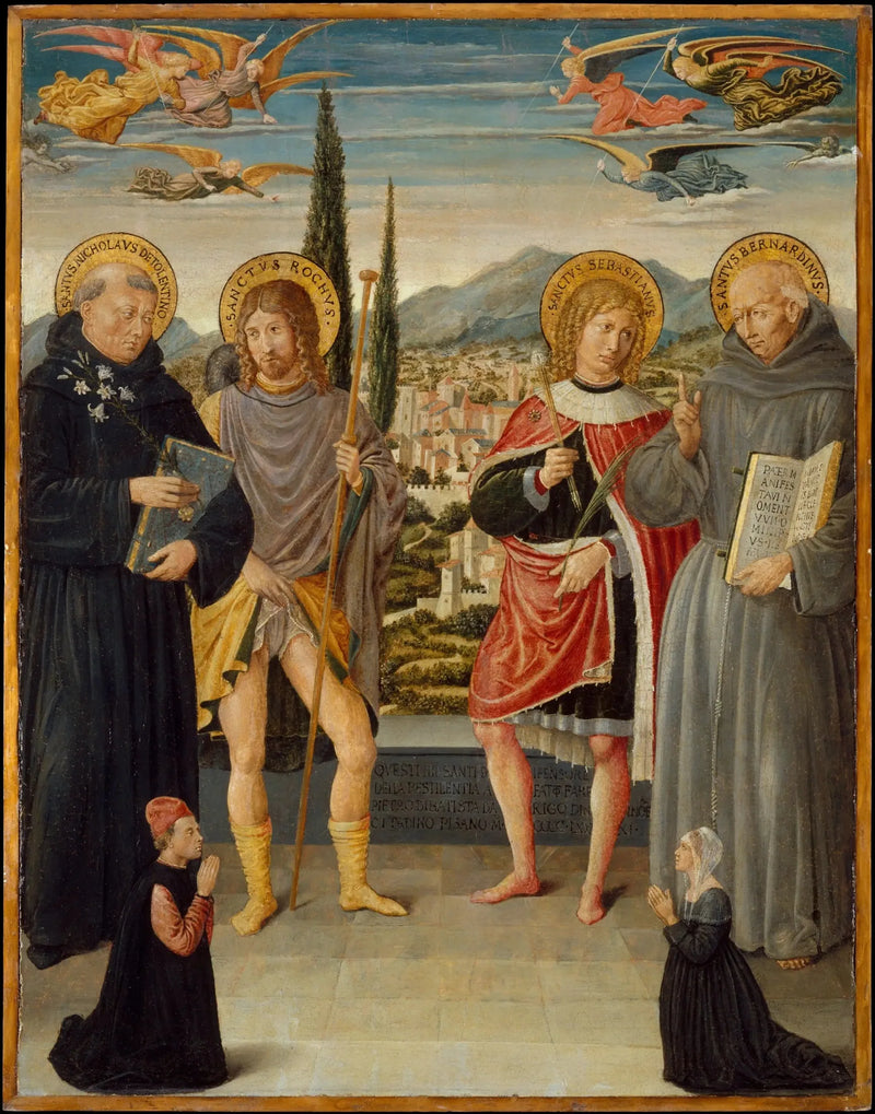 Santi Nicola da Tolentino, Rocco, Sebastiano e Bernardino da Siena, con donatori inginocchiati - Benozzo Gozzoli