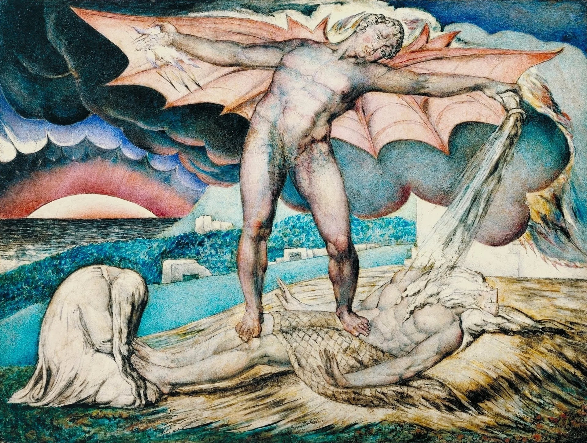 Satan châtie Job avec des furoncles douloureux - William Blake image 1 copie peinte à la main à l’huile