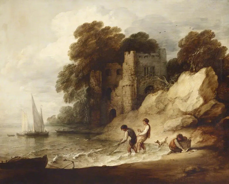 Scène côtière rocciosa con castello in rovina, barche e pescatori - Thomas Gainsborough