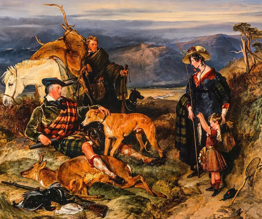 Scène dans les Highlands, avec les portraits de la duchesse de Bedford, du duc de Gordon et de Lord Alexander Russell - Edwin Henry Landseer image 1 tableau peint à l’huile sur toile