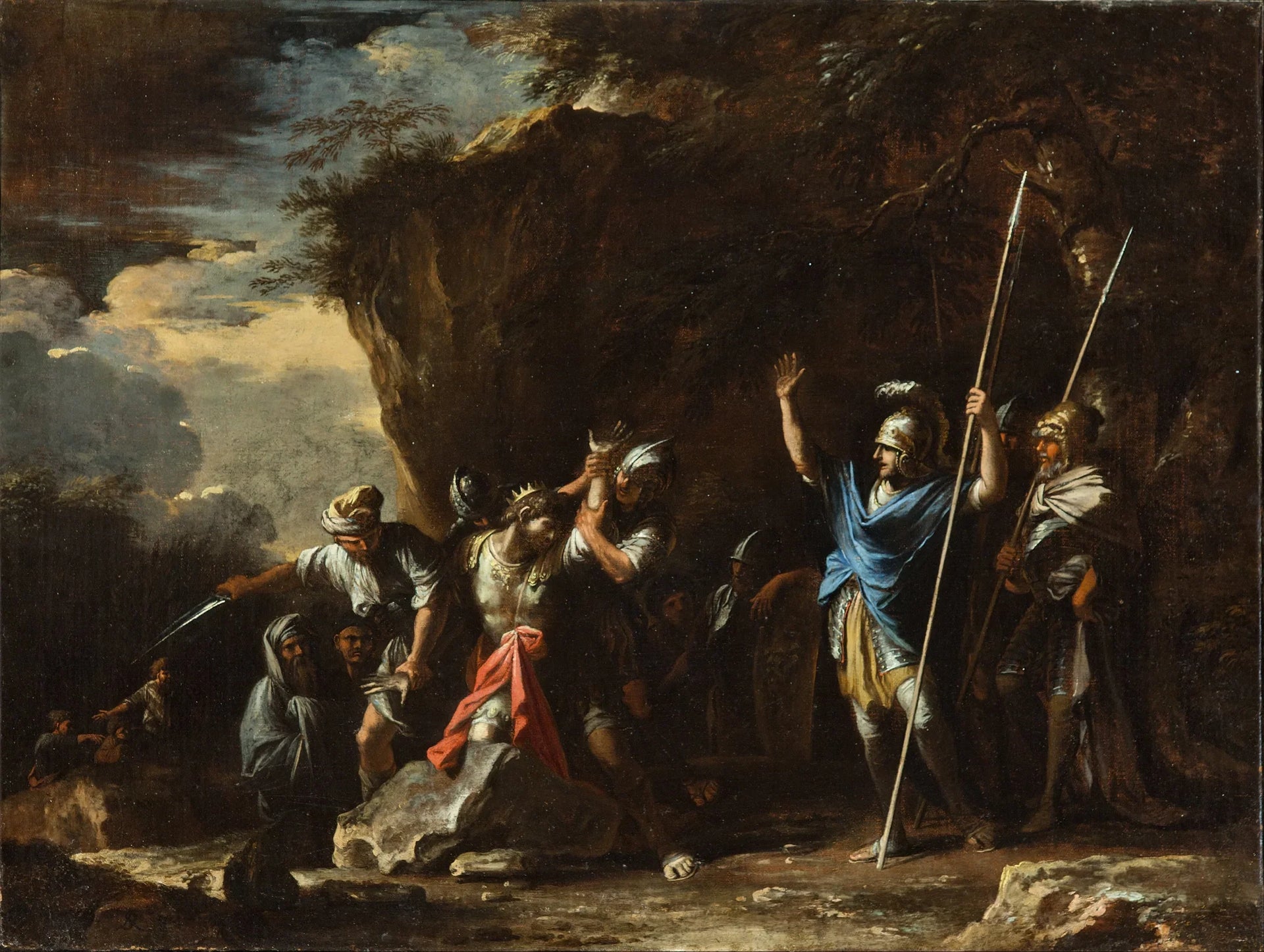 Scène de l'histoire grecque : le fils sourd-muet du roi Crésus empêche les Perses de tuer son père… - Salvator Rosa image 1 tableau peint à l’huile sur toile