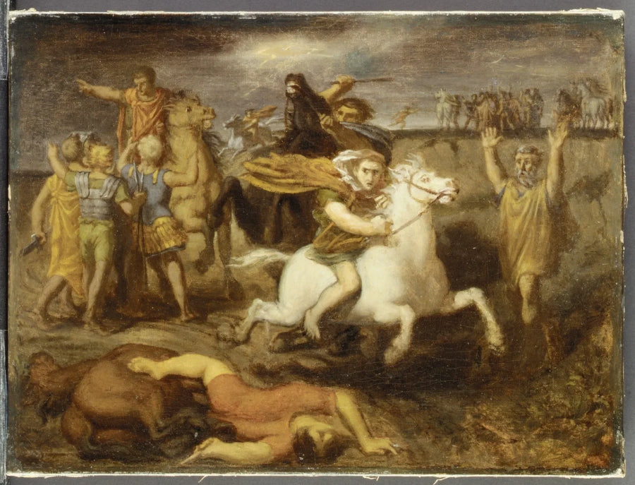 Scène de la guerre des Gaules : le Gaulois Littavicus, trahissant la cause romaine, s'enfuit à Gergovie pour soutenir Vercingétorix - Théodore Chassériau image 1 tableau peint à l’huile sur toile