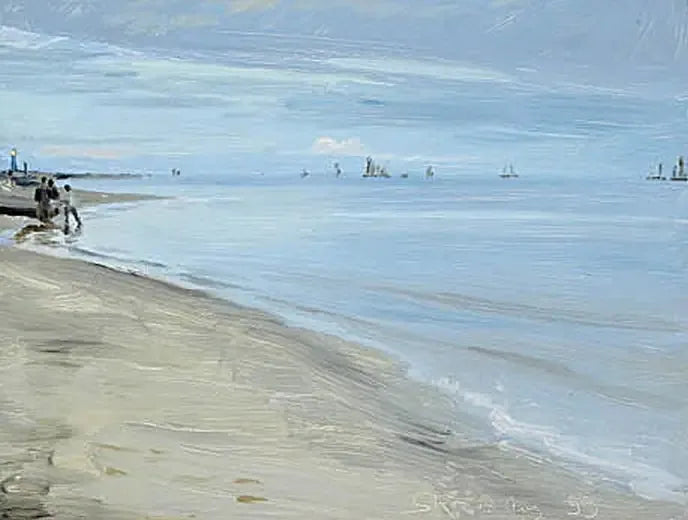 Scène de plage à Skagen. Pêcheurs sur un bateau. Le phare est illuminé. - Peder Severin Krøyer