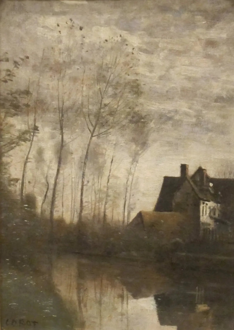 Scène de rivière avec maisons et pioppi - Jean-Baptiste Camille Corot