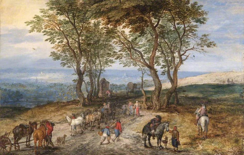 Scène de route de campagne avec des personnages : un homme priant dans un sanctuaire - Jan Brueghel l'Ancien image 1 copie peinte à la main à l’huile