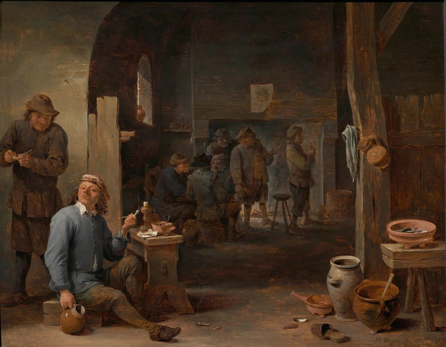 Scène di taverna con un fumatore che tiene un vaso - David Teniers il Giovane