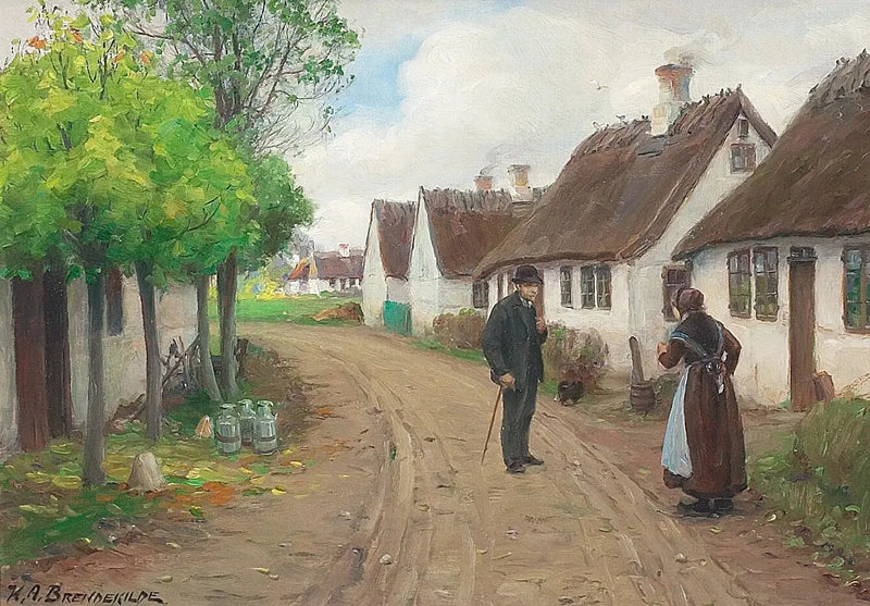 Scène de village di Jyllinge con persone che parlano. - H. A. Brendekilde