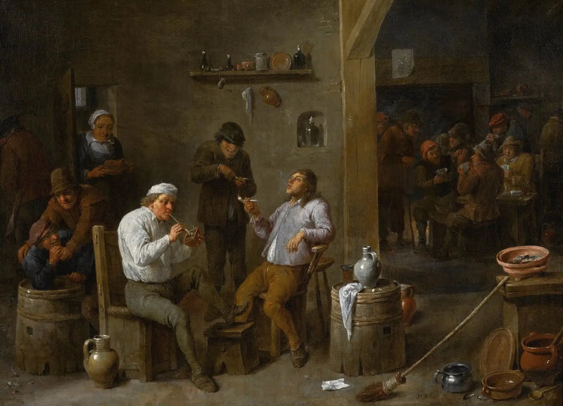 Scène intérieure di taverna con contadini che bevono e fumano - David Teniers il Giovane