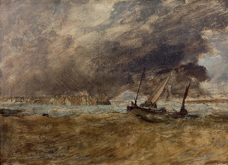 Scena marittima con barche da pesca al largo di un molo di legno, un forte vento in arrivo - J. M. W. Turner