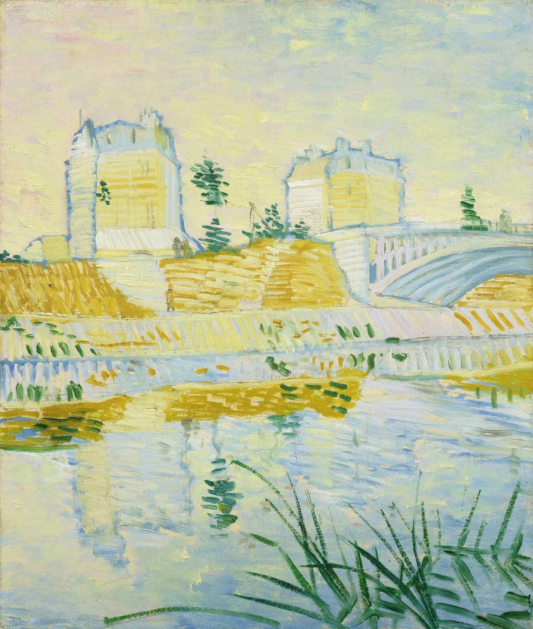La Seine avec le pont de Clichy, F303 — pont, fortifications claires et reflets sur l’eau peints par Vincent van Gogh