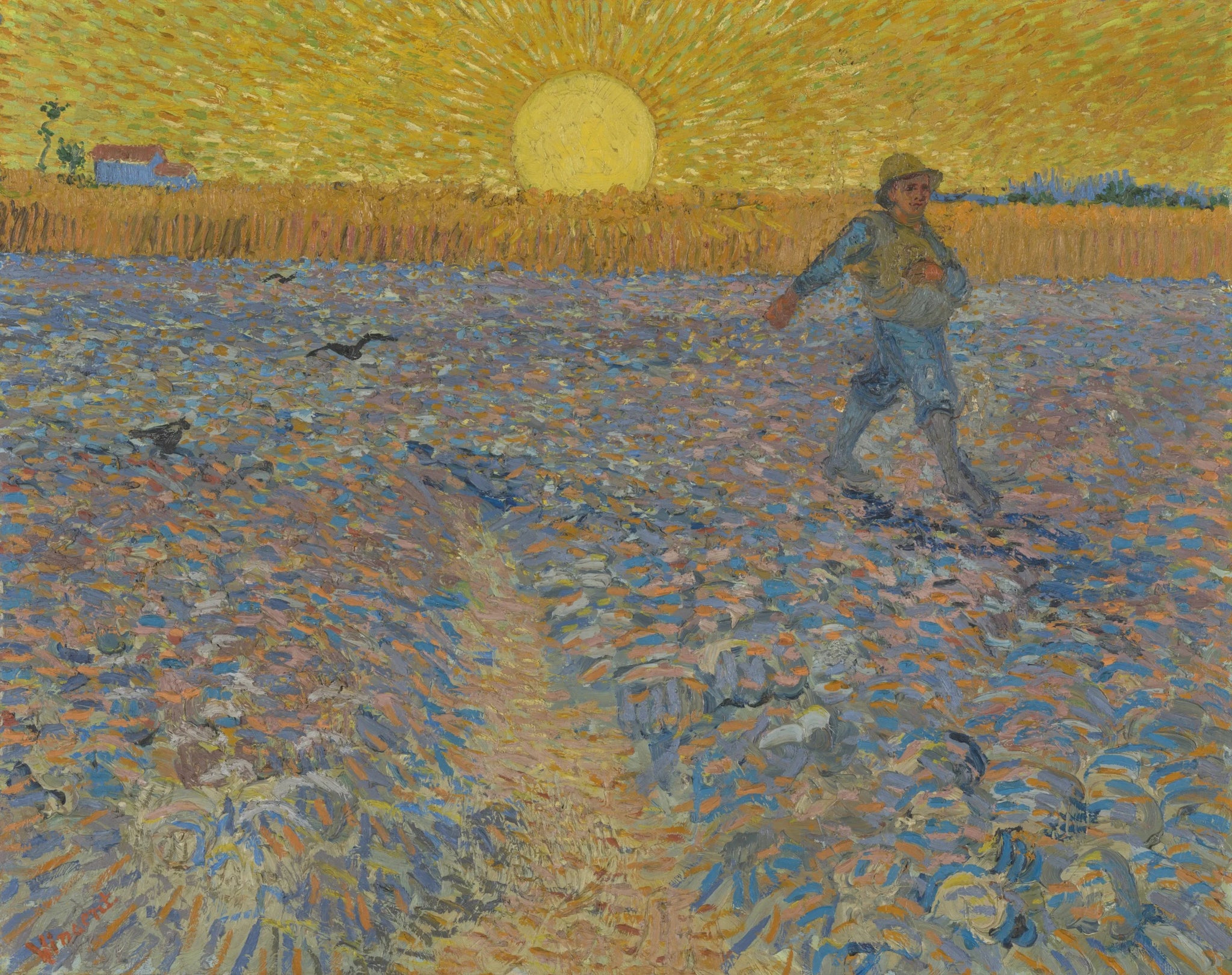 Le Semeur au soleil couchant, F422 — semeur, soleil jaune et champ bleu-violet peints par Vincent van Gogh