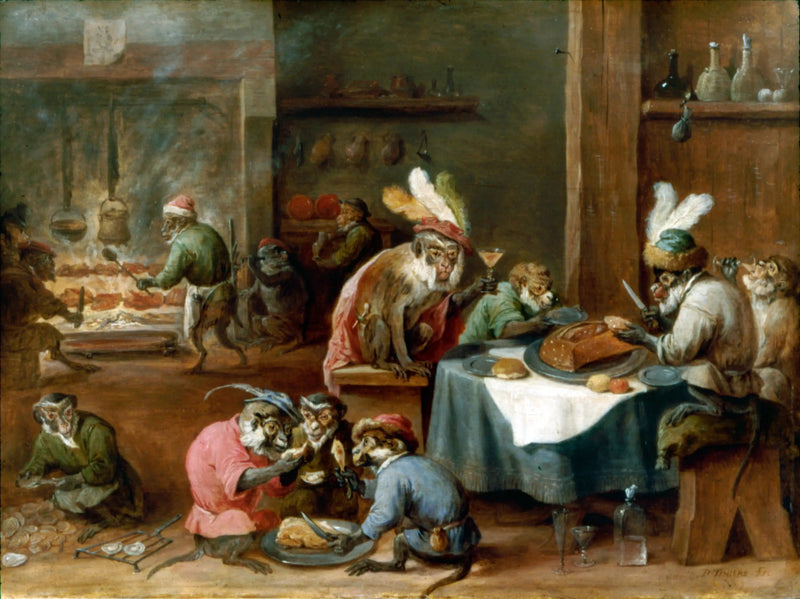 Singes che pranzano in una cucina - David Teniers il Giovane