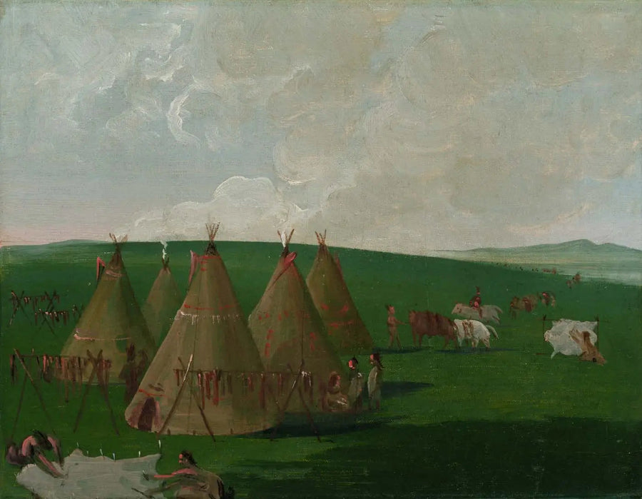 Sioux campando sul Alto Missouri, preparando carne di bisonte e abiti - George Catlin