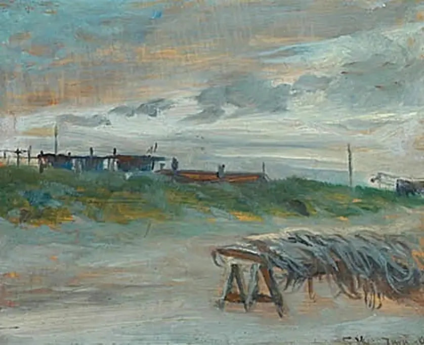 Skagen Sønderstrand par une soirée de juin, par temps nuageux. Filets de pêche devant. - Peder Severin Krøyer