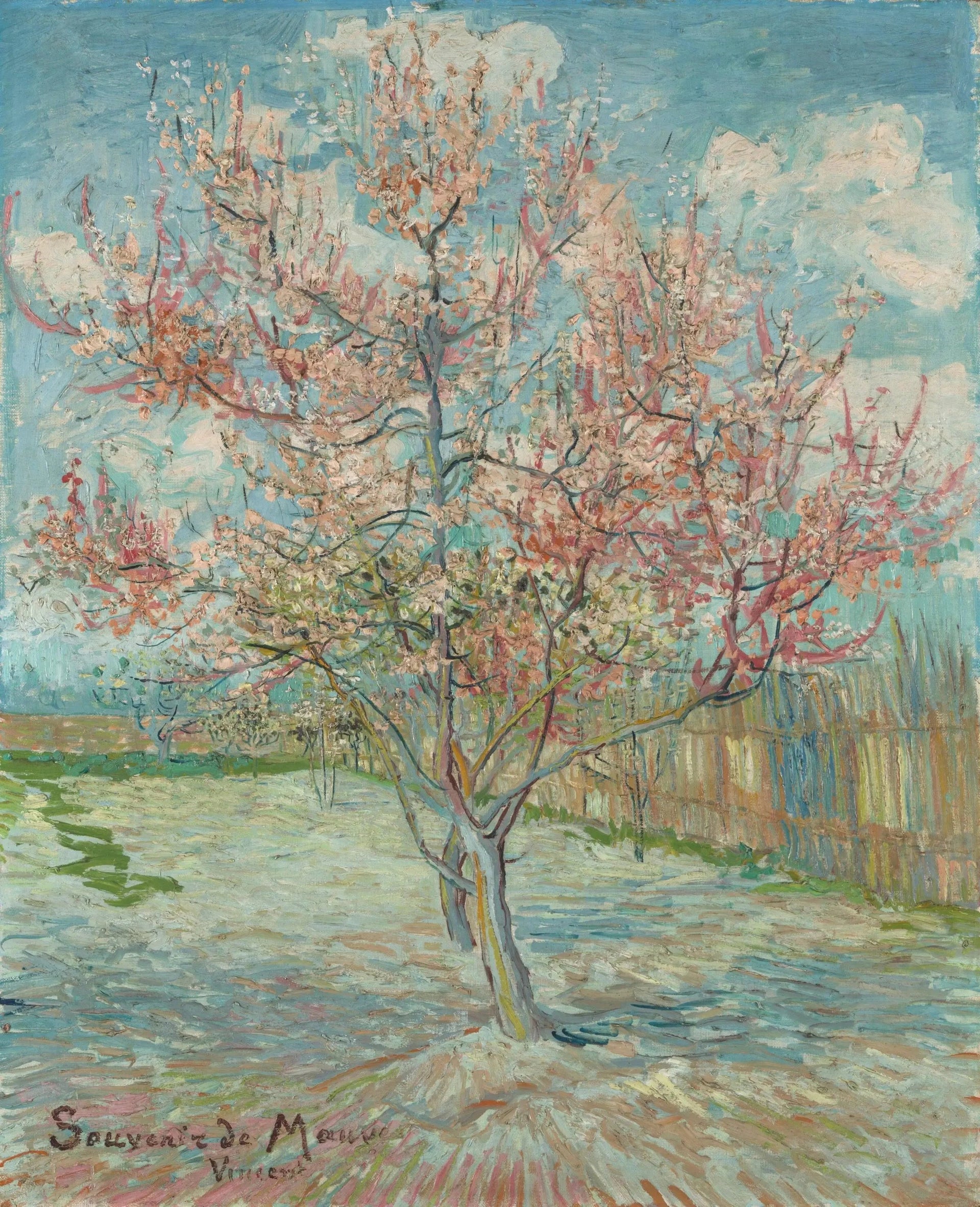 Pêchers roses en fleurs, Souvenir de Mauve, F394 — verger printanier peint par Vincent van Gogh