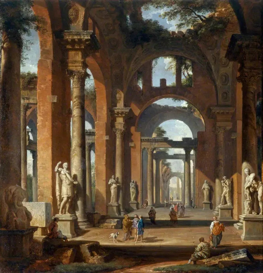 Statues dans une arcade en ruine - Giovanni Paolo Panini image 1 reproduction d’œuvre d’art à l’huile