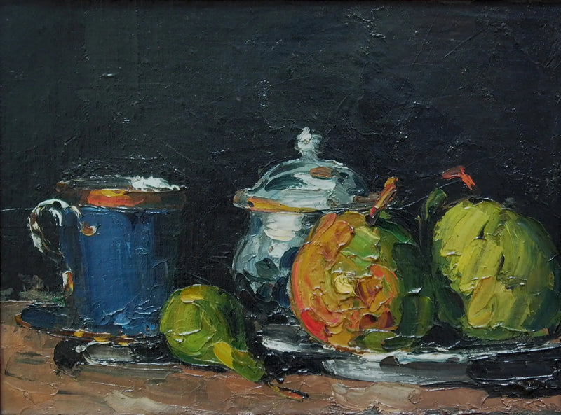 Zuccheriera, pere e tazza blu - Paul Cézanne