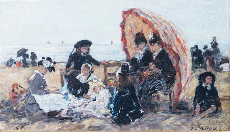 Sulla spiaggia di Trouville, al riparo dall'ombrellone rosso - Eugène Boudin