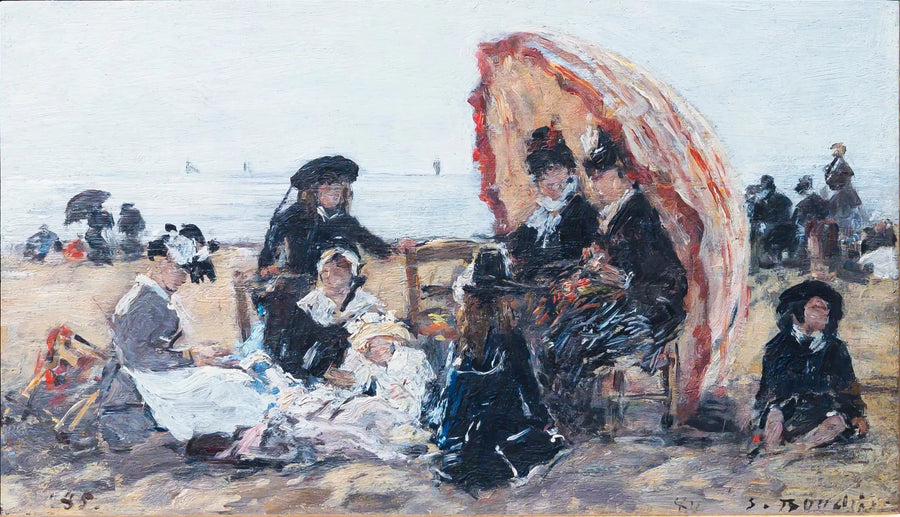 Sulla spiaggia di Trouville, al riparo dall'ombrellone rosso - Eugène Boudin