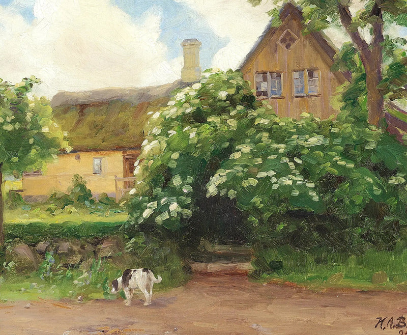 Sureaux en fleurs e cane all'ingresso di una fattoria con tetto di paglia. - H. A. Brendekilde
