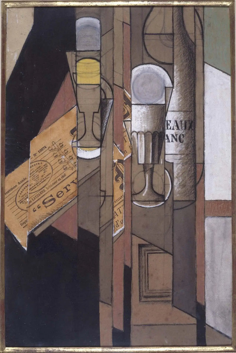 Tazze, journal e bottiglia di vino - Juan Gris