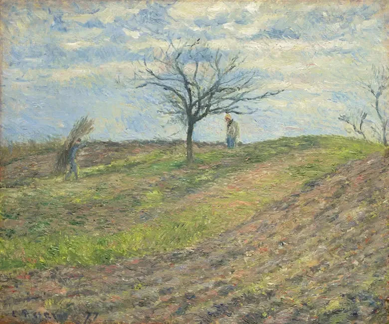 Terra arata in inverno, con un uomo che indossa un berretto - Camille Pissarro