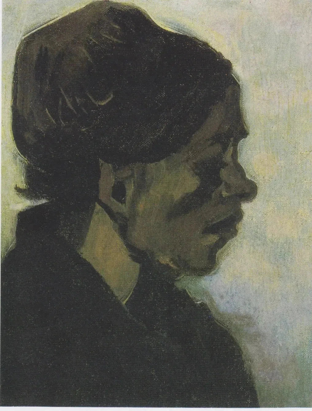 Tête de femme F153 — profil droit à la coiffe noire, modelé en brun et vert sur fond pâle par Vincent van Gogh
