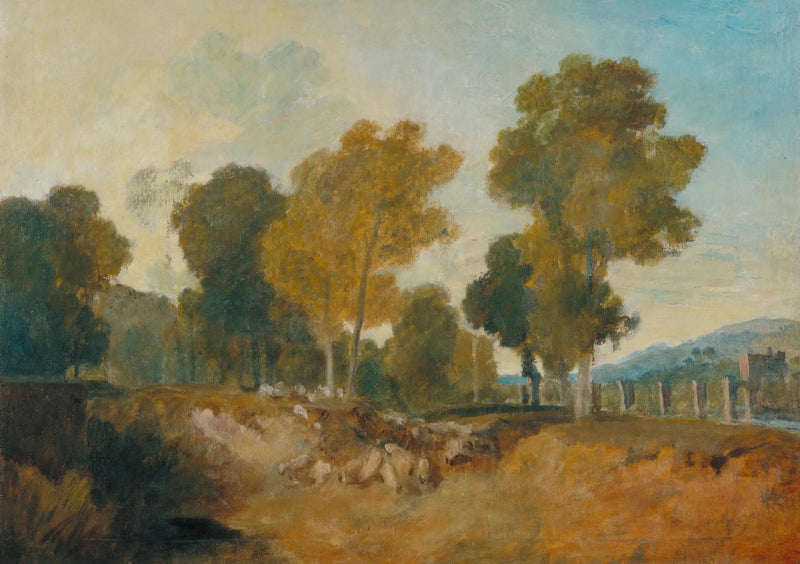 Alberi accanto al fiume, con ponte in lontananza - J. M. W. Turner